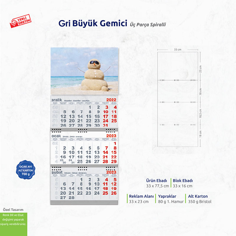 Büyük Gemici Gri Üç Parça Spiralli 
