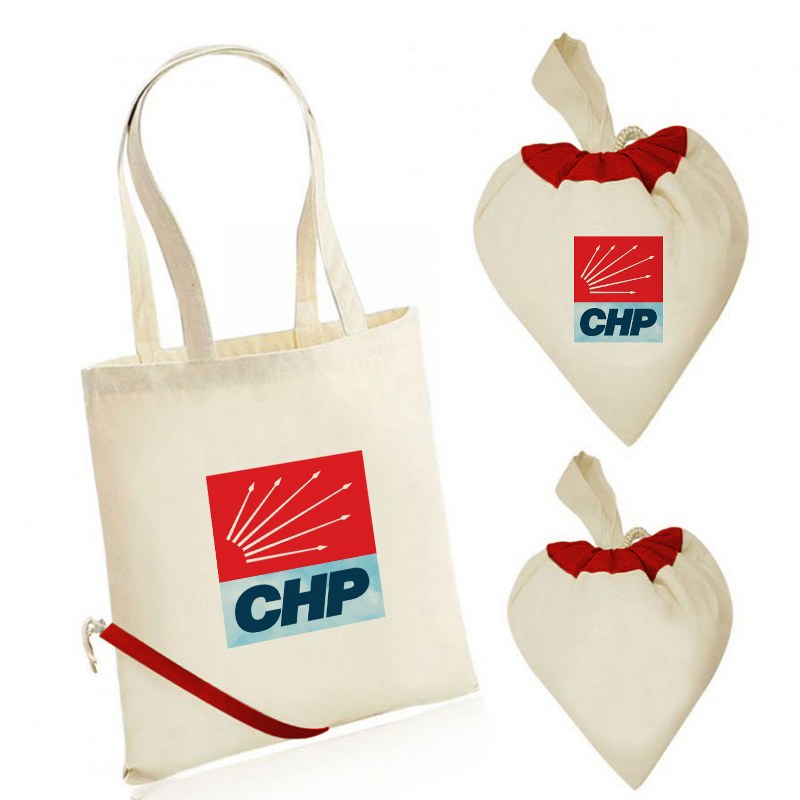 CHP Kalp Büzgülü Ham Bez Çanta